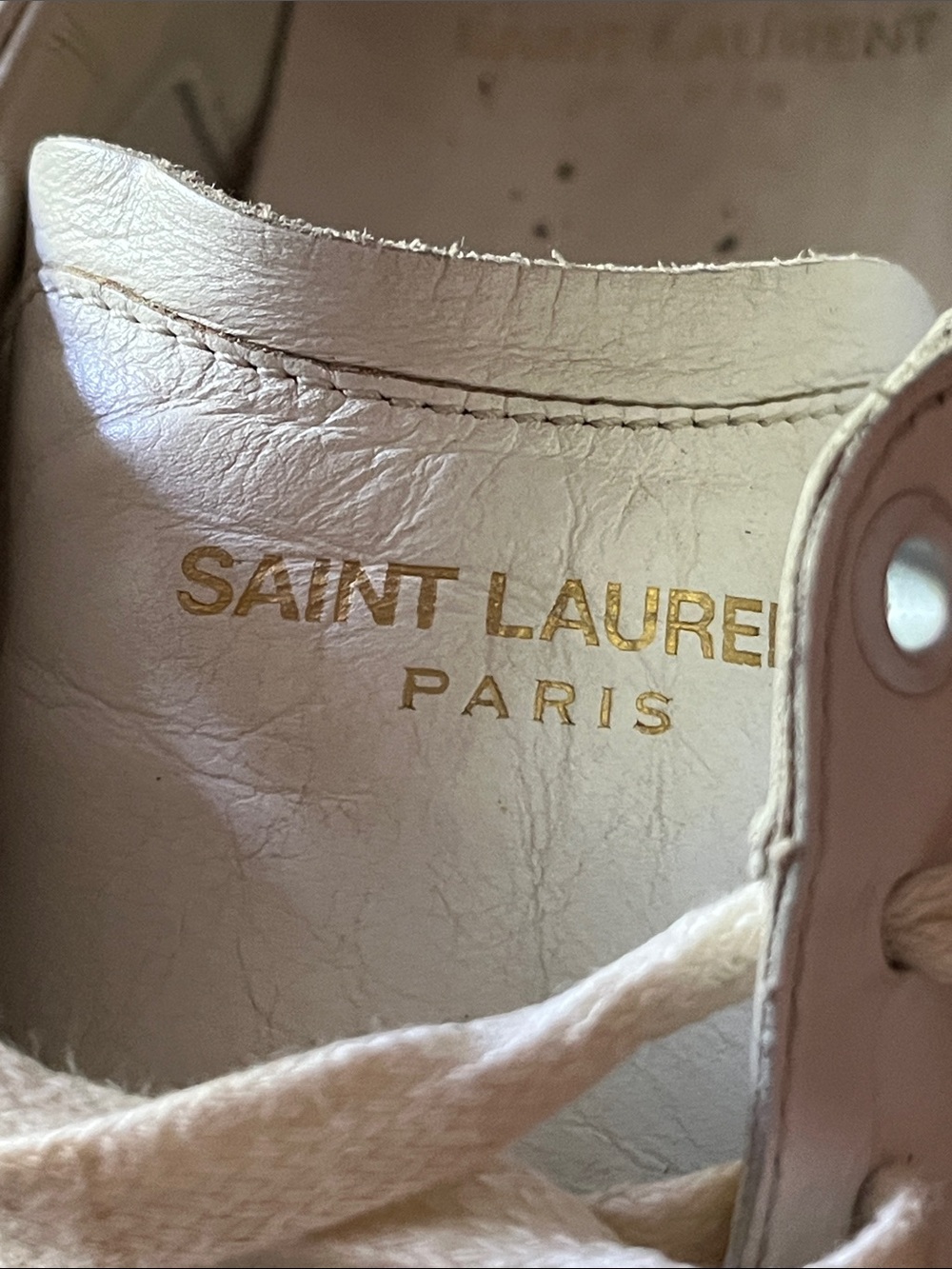 Saint Laurent White Leather Sneakers with Black Heel Tab and Tan Sole, size 9 - Picture 2 of 13